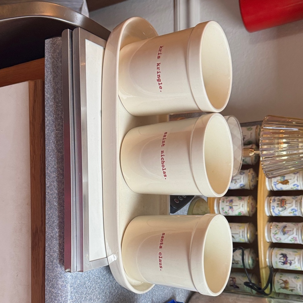 Set of Three Cream Mugs with Red Text
